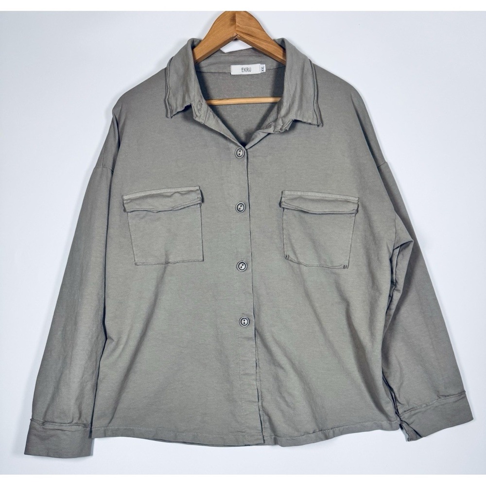 EKRU Oversize Shirt Women XXL Taupe Gray Cotton Italy Raw Edge Utility Lagenlook